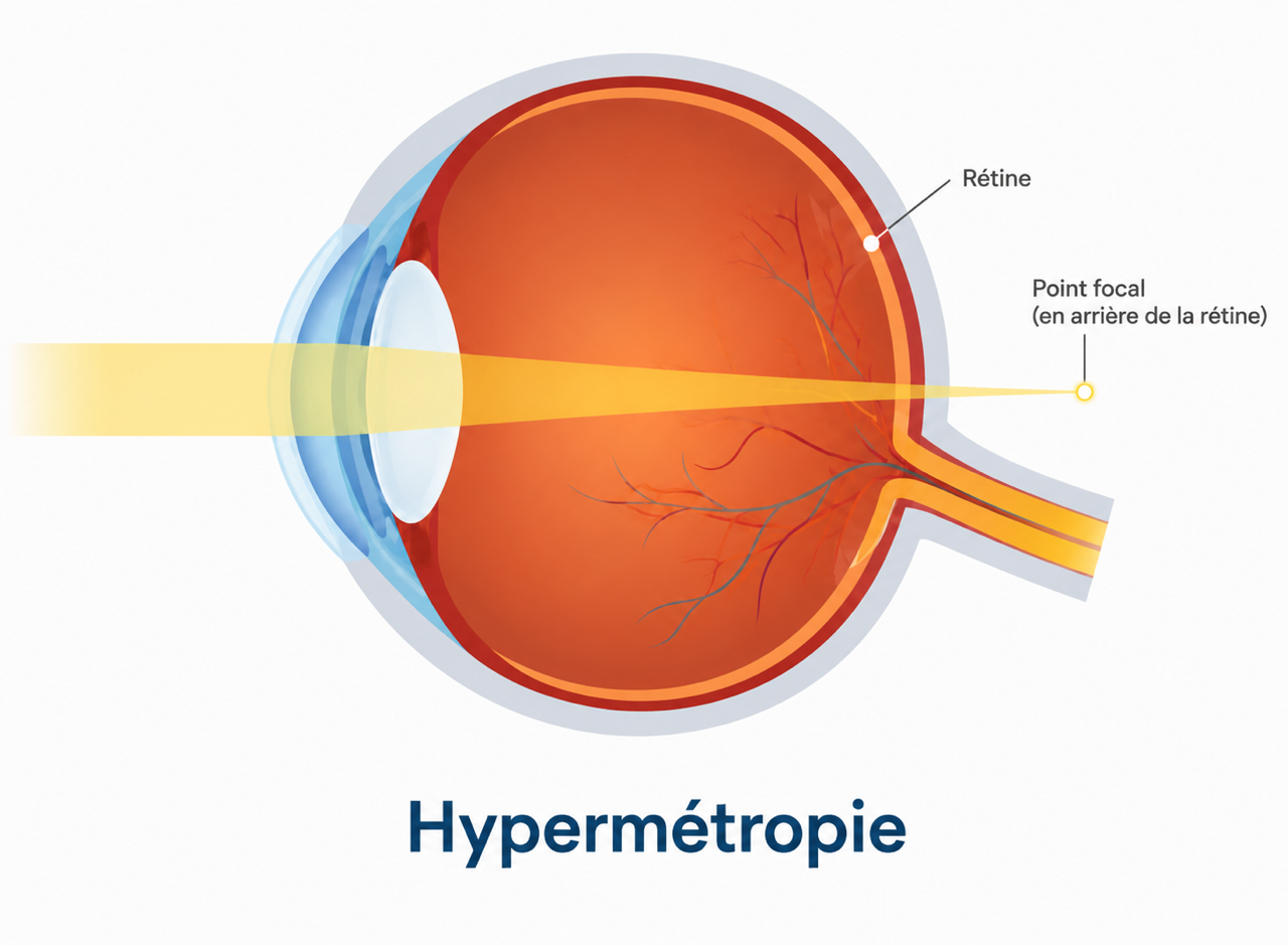 Schéma de l'œil hypermétrope : le point focal se situe en arrière de la rétine