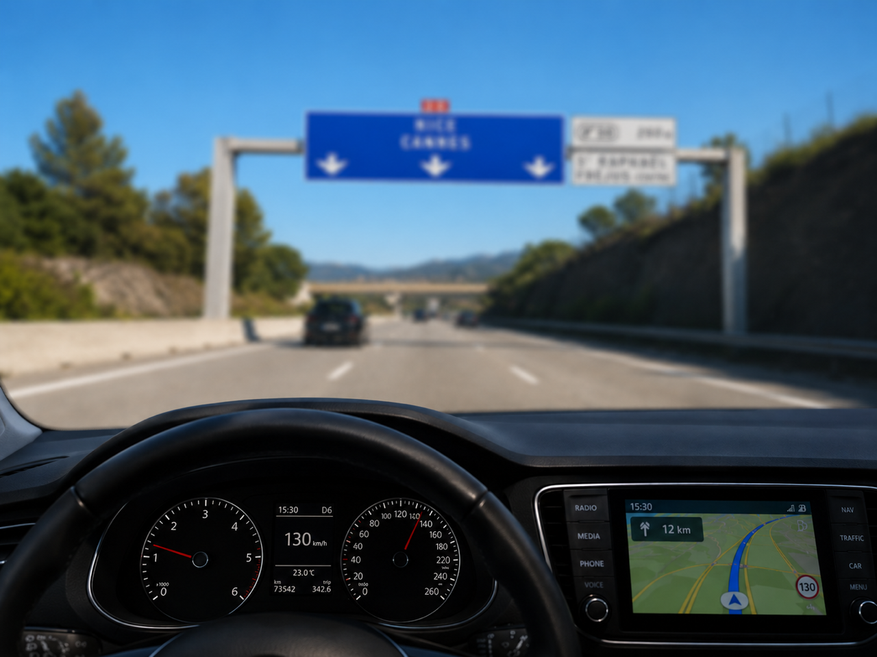 Simulation de la vision d'une personne myope au volant : le panneau autoroutier au loin est flou, le tableau de bord reste net