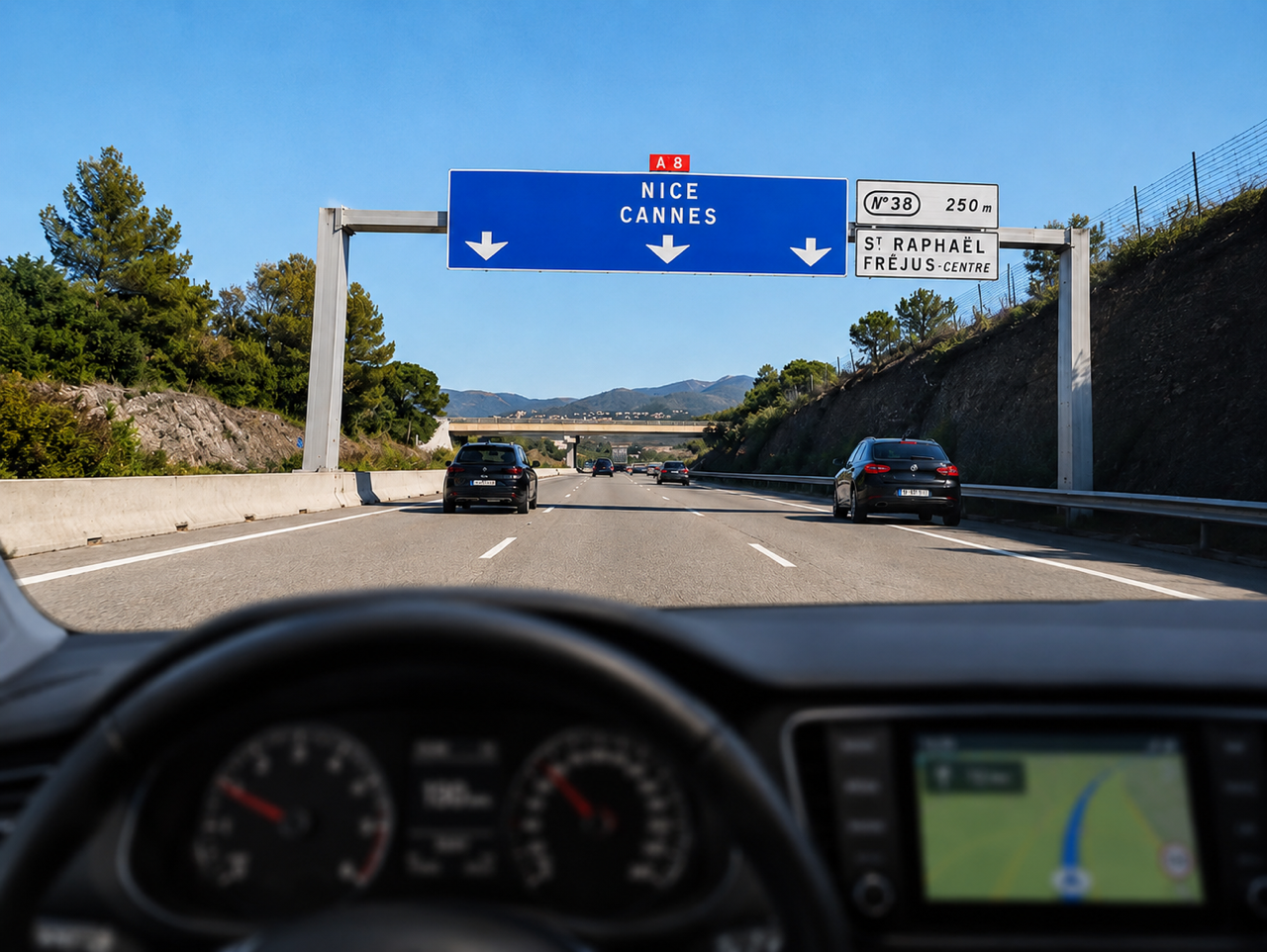 Simulation de la vision d'une personne presbyte au volant : le tableau de bord de près est flou, la route au loin reste nette