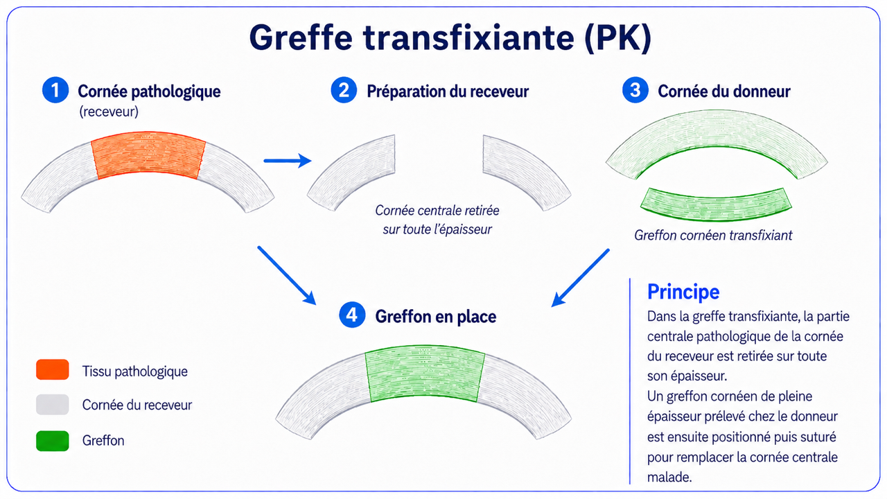 Schéma des quatre étapes d'une greffe de cornée transfixiante