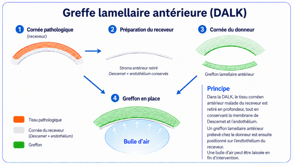 Schéma des étapes d'une greffe lamellaire antérieure profonde de la cornée (DALK)