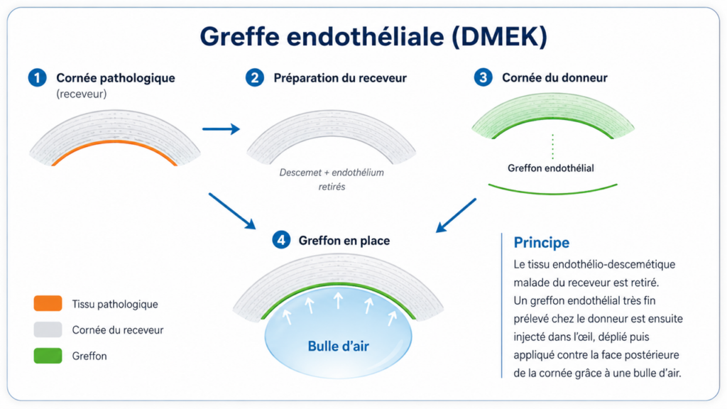 Schéma des étapes d'une greffe endothéliale de la cornée par technique DMEK