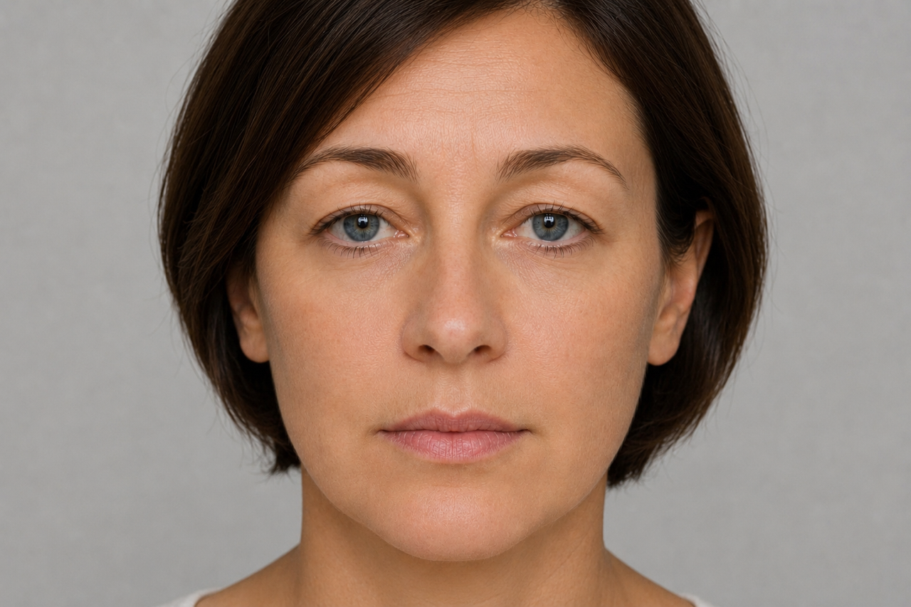 Visage d'une femme présentant un excès de peau des paupières supérieures
